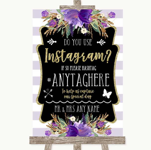 Gold & Purple Stripes Instagram Photo Sharing Customised Wedding Sign