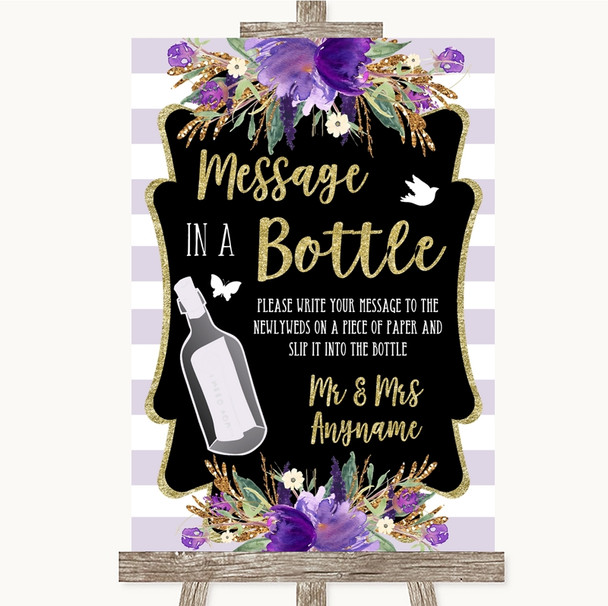 Gold & Purple Stripes Message In A Bottle Customised Wedding Sign