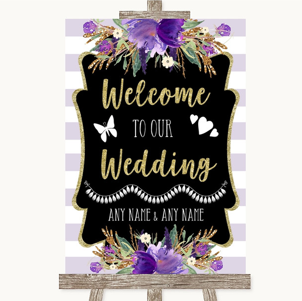 Gold & Purple Stripes Welcome To Our Wedding Customised Wedding Sign