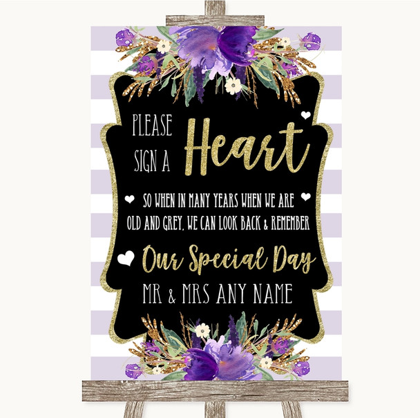 Gold & Purple Stripes Sign a Heart Customised Wedding Sign