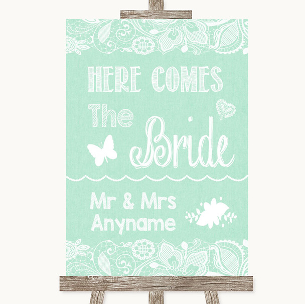 Green Burlap & Lace Here Comes Bride Aisle Sign Customised Wedding Sign