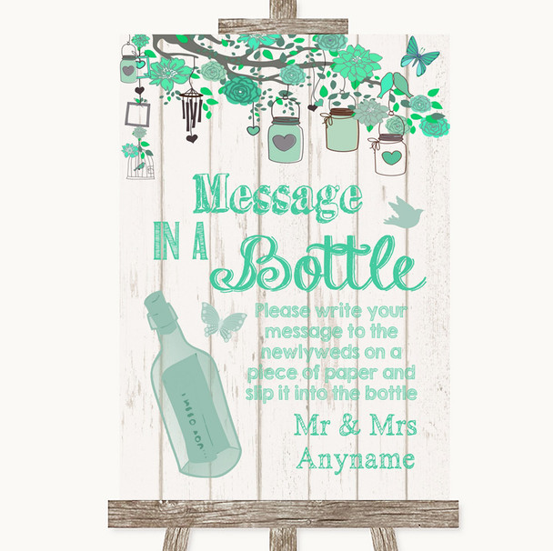 Green Rustic Wood Message In A Bottle Customised Wedding Sign