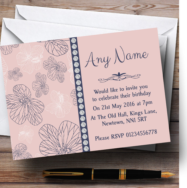 Dusty Coral Pink And Blue Floral Customised Birthday Party Invitations