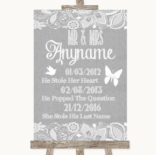 Grey Burlap & Lace Important Special Dates Customised Wedding Sign
