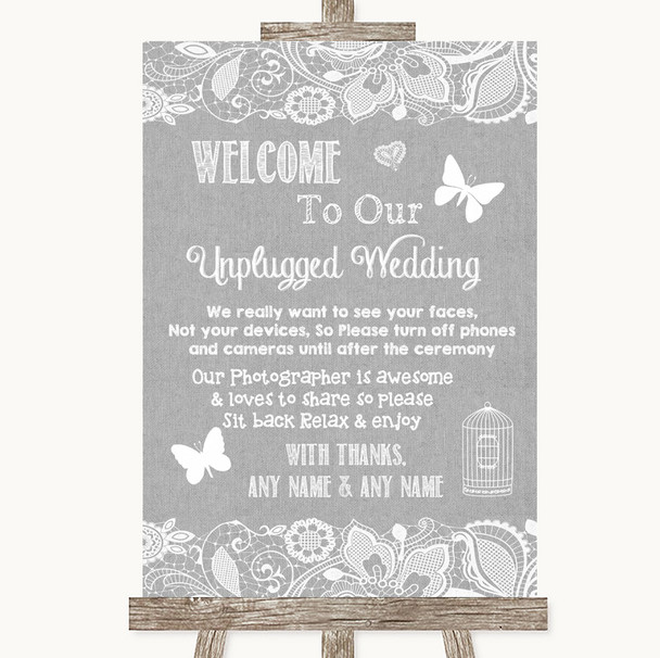 Grey Burlap & Lace No Phone Camera Unplugged Customised Wedding Sign