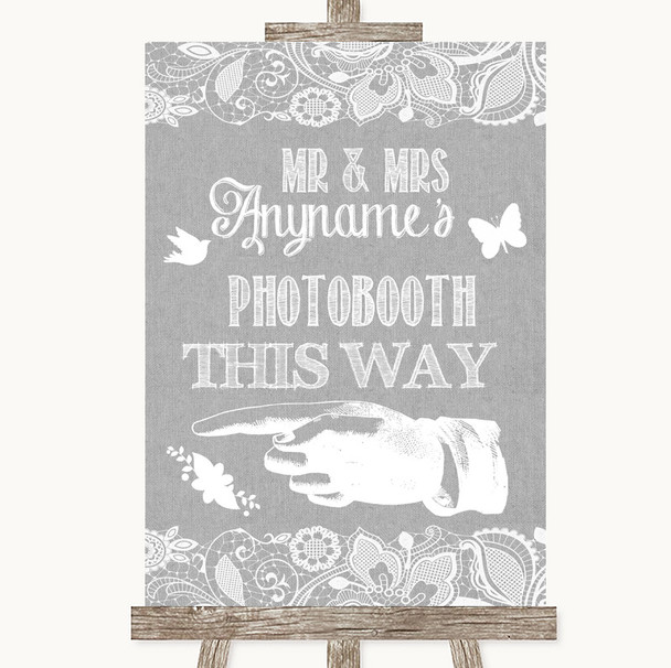 Grey Burlap & Lace Photobooth This Way Left Customised Wedding Sign