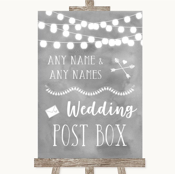 Grey Watercolour Lights Card Post Box Customised Wedding Sign