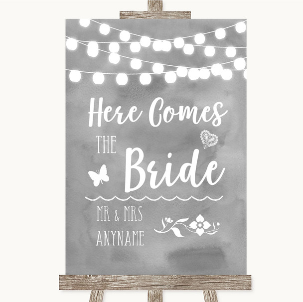Grey Watercolour Lights Here Comes Bride Aisle Customised Wedding Sign