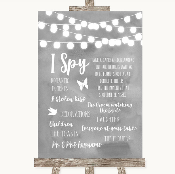 Grey Watercolour Lights I Spy Disposable Camera Customised Wedding Sign
