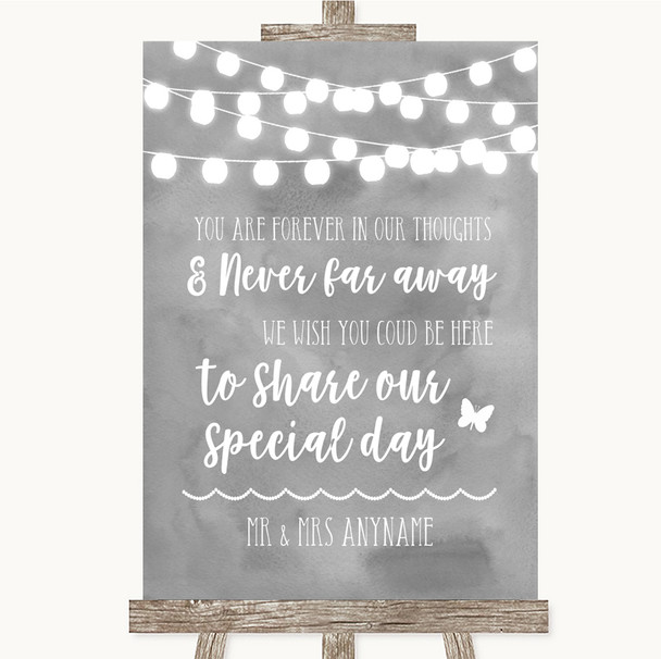 Grey Watercolour Lights In Our Thoughts Customised Wedding Sign