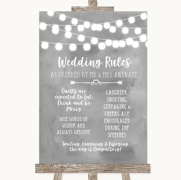Grey Watercolour Lights Rules Of The Wedding Customised Wedding Sign