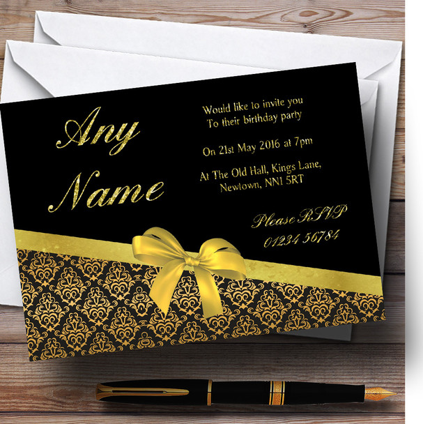 Classic Black And Gold Damask Glitter Look Birthday Party Customised Invitations