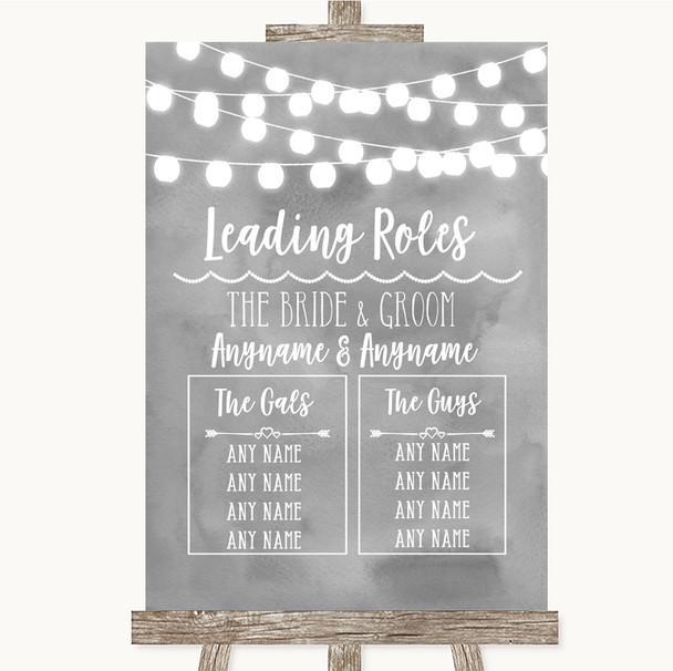 Grey Watercolour Lights Who's Who Leading Roles Customised Wedding Sign