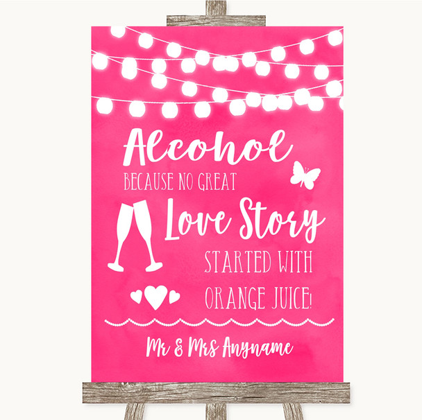 Hot Fuchsia Pink Watercolour Lights Alcohol Bar Love Story Wedding Sign