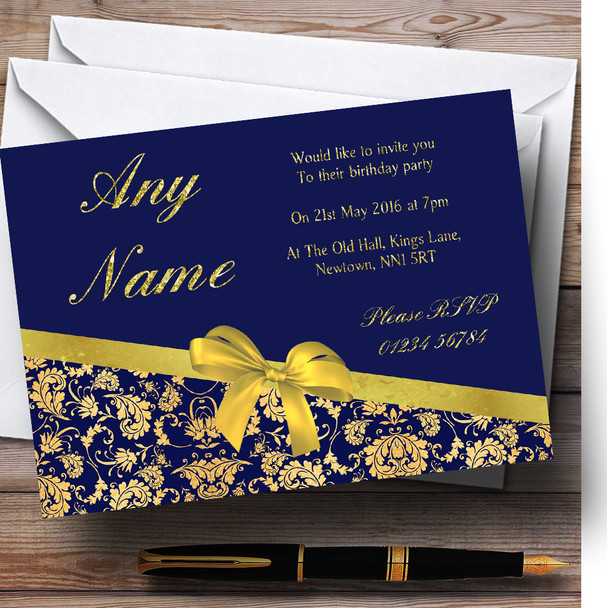 Classic Blue And Gold Damask Birthday Party Customised Invitations