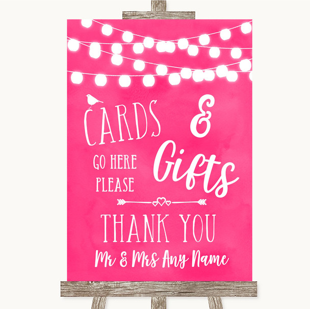 Hot Fuchsia Pink Watercolour Lights Cards & Gifts Table Wedding Sign