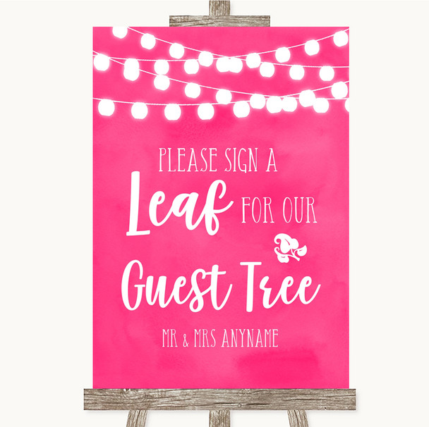 Hot Fuchsia Pink Watercolour Lights Guest Tree Leaf Customised Wedding Sign