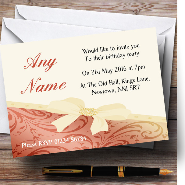 Classic Cream And Coral Bow Birthday Party Customised Invitations