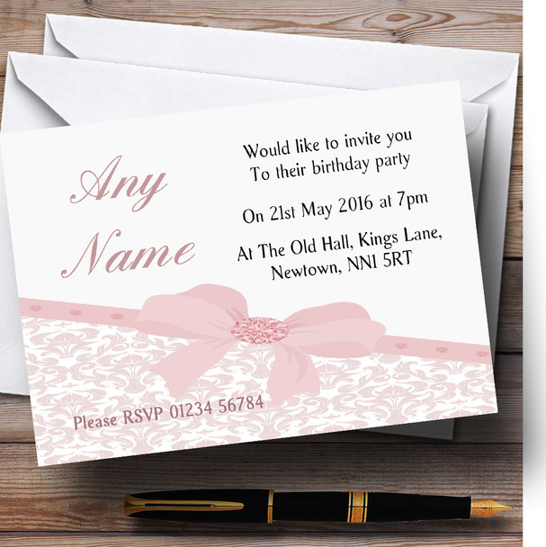 Classic Dusky Pink Damask Bow Birthday Party Customised Invitations