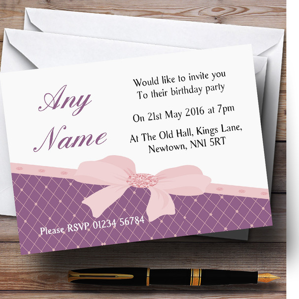 Classic Lilac And Dusky Pink Bow Birthday Party Customised Invitations