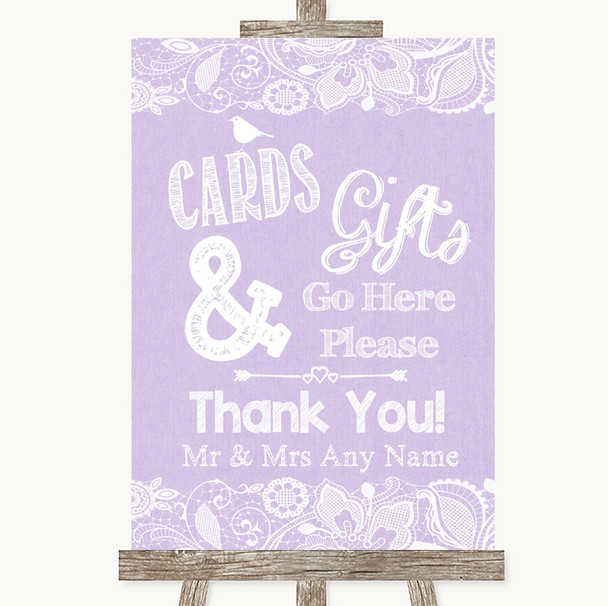 Lilac Burlap & Lace Cards & Gifts Table Customised Wedding Sign