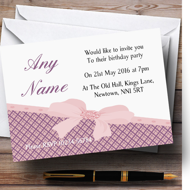 Classic Lilac And Dusky Pink Check Bow Birthday Party Customised Invitations