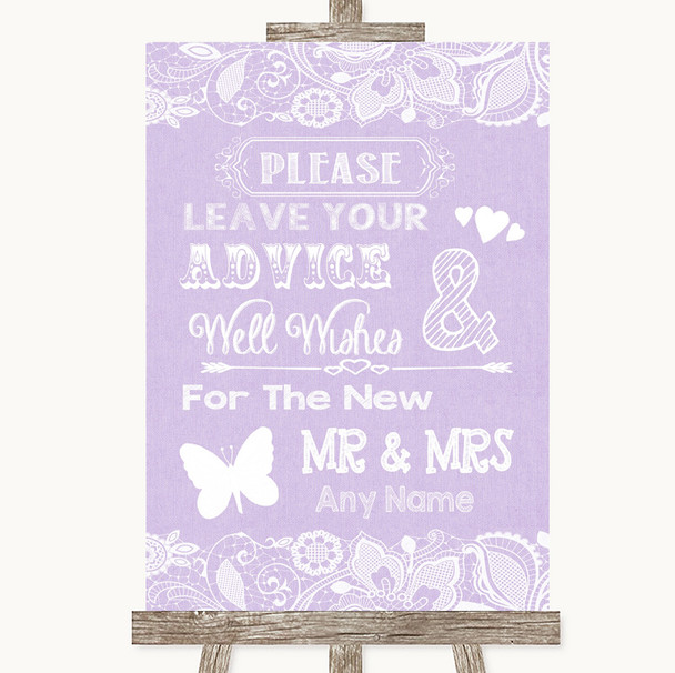 Lilac Burlap & Lace Guestbook Advice & Wishes Mr & Mrs Customised Wedding Sign