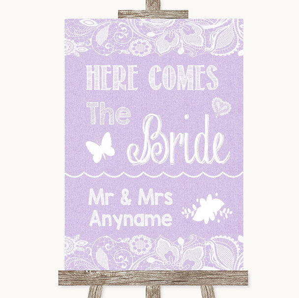 Lilac Burlap & Lace Here Comes Bride Aisle Sign Customised Wedding Sign