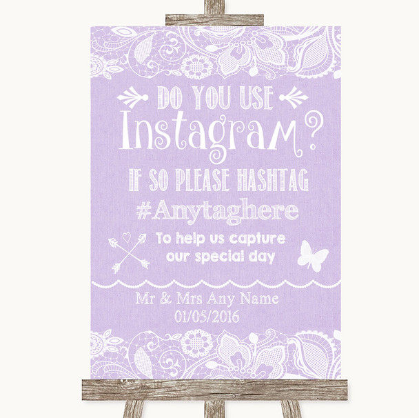 Lilac Burlap & Lace Instagram Photo Sharing Customised Wedding Sign