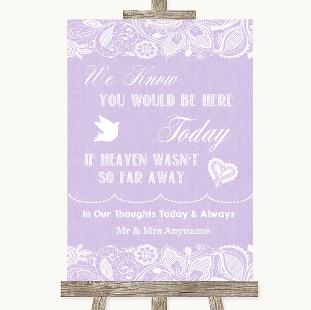 Lilac Burlap & Lace Loved Ones In Heaven Customised Wedding Sign