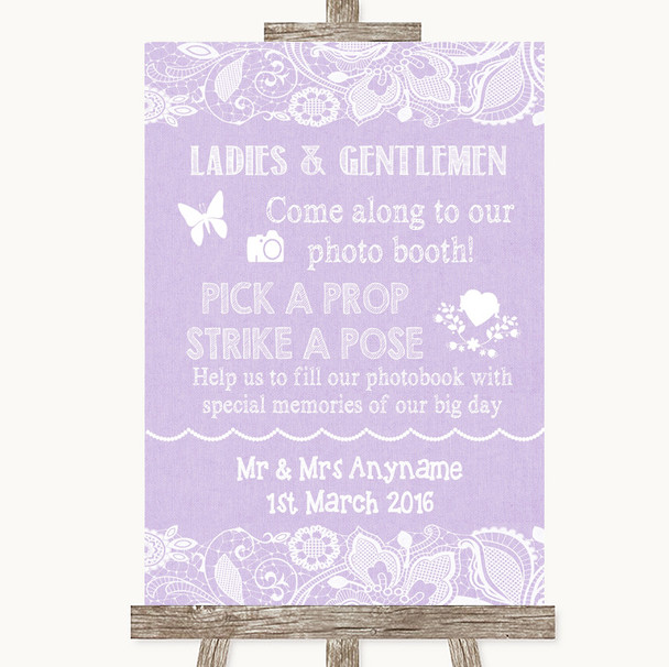 Lilac Burlap & Lace Pick A Prop Photobooth Customised Wedding Sign