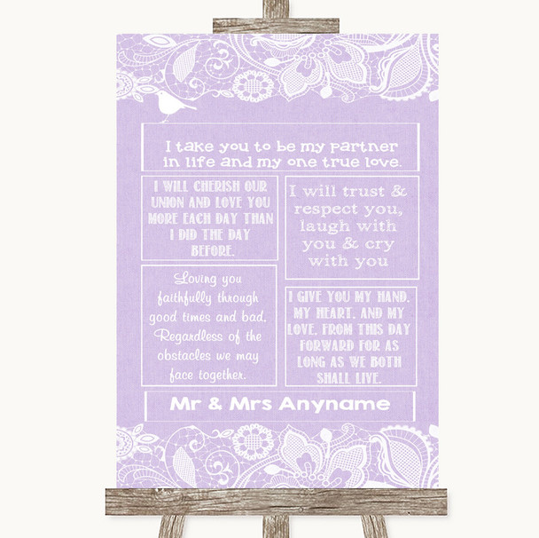 Lilac Burlap & Lace Romantic Vows Customised Wedding Sign
