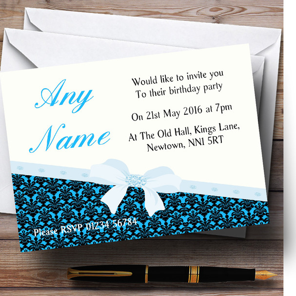 Classic Sky Blue Damask Birthday Party Customised Invitations