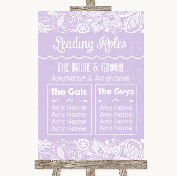 Lilac Burlap & Lace Who's Who Leading Roles Customised Wedding Sign