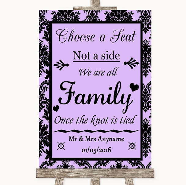 Lilac Damask Choose A Seat We Are All Family Customised Wedding Sign