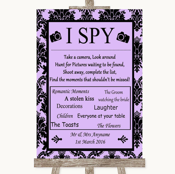 Lilac Damask I Spy Disposable Camera Customised Wedding Sign