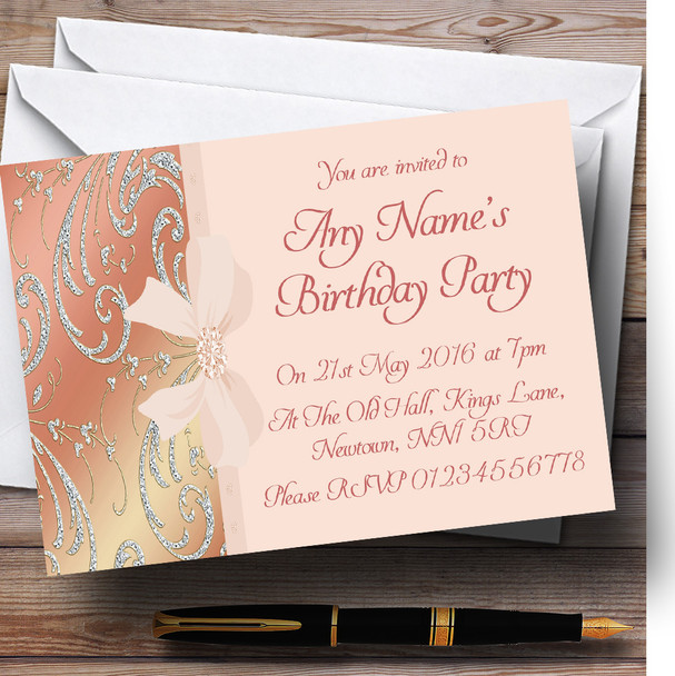 Pale Pink Coral Diamante Bow Birthday Party Customised Invitations