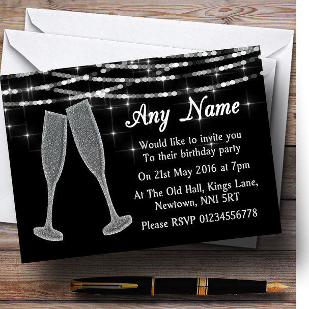 Silver Glitter Look Champagne Glasses Birthday Party Customised Invitations