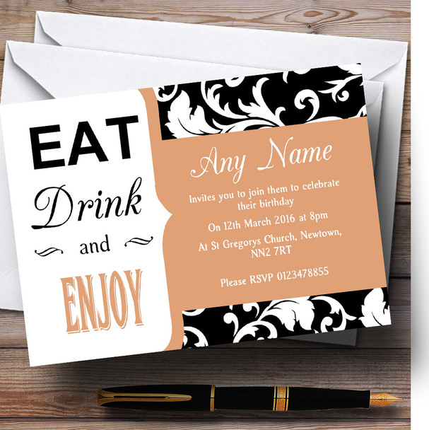 Beige Damask Eat Drink Customised Birthday Party Invitations
