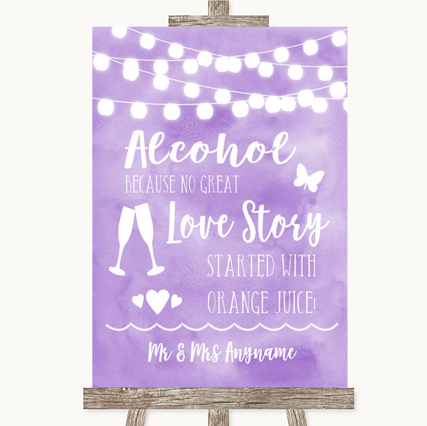 Lilac Watercolour Lights Alcohol Bar Love Story Customised Wedding Sign