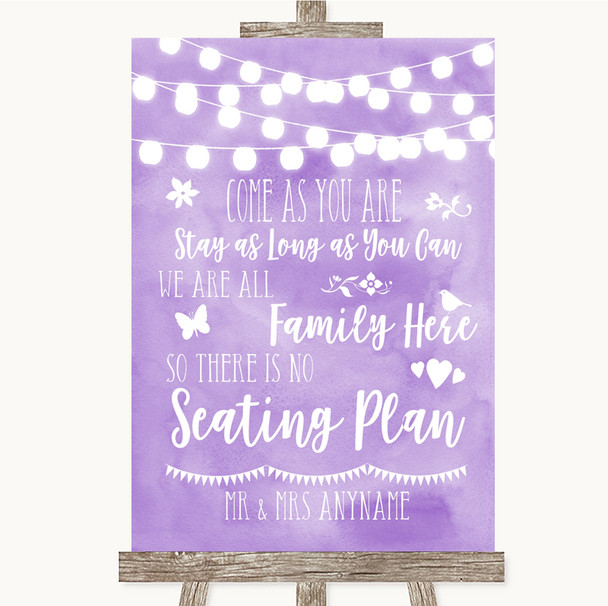 Lilac Watercolour Lights All Family No Seating Plan Customised Wedding Sign