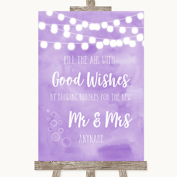 Lilac Watercolour Lights Blow Bubbles Customised Wedding Sign