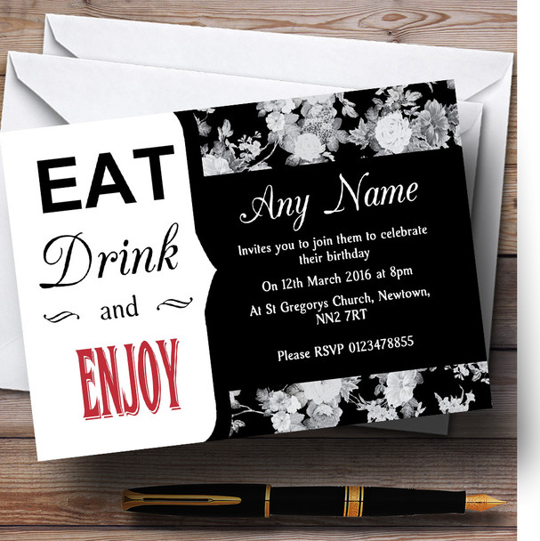 Black Rose Eat Drink Customised Birthday Party Invitations