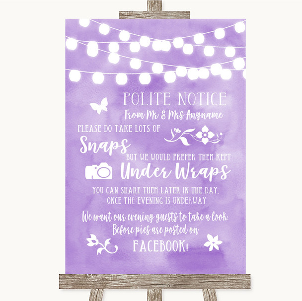 Lilac Watercolour Lights Don't Post Photos Facebook Customised Wedding Sign