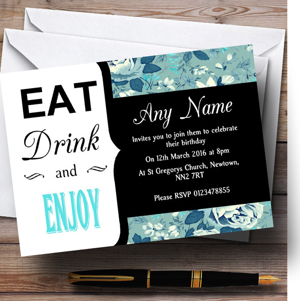 Blue Shabby Chic Vintage Floral Eat Drink Customised Birthday Party Invitations
