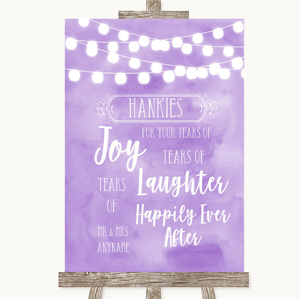 Lilac Watercolour Lights Hankies And Tissues Customised Wedding Sign