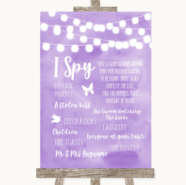 Lilac Watercolour Lights I Spy Disposable Camera Customised Wedding Sign