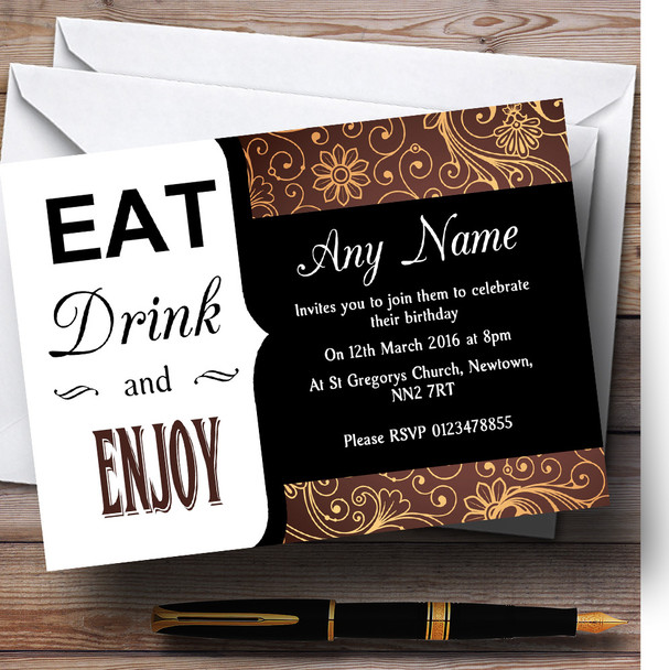 Brown And Gold Vintage Damask Eat Drink Customised Birthday Party Invitations