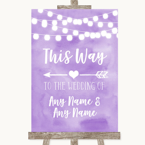 Lilac Watercolour Lights This Way Arrow Left Customised Wedding Sign