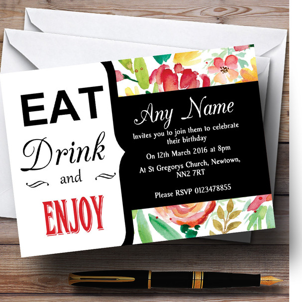 Eat Drink Pink Yellow Watercolour Flowers Customised Birthday Party Invitations